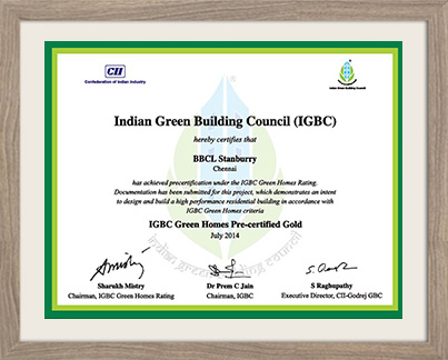 IGBC Certificate to BBCL Stanburry - Best builder in Chennai